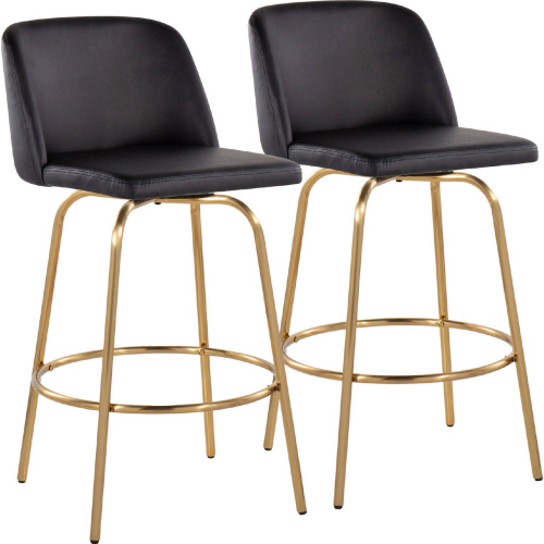 Toriano 26" Swivel Counter Stool in Black Leatherette & Gold w/ Round Footrest (Set of 2)